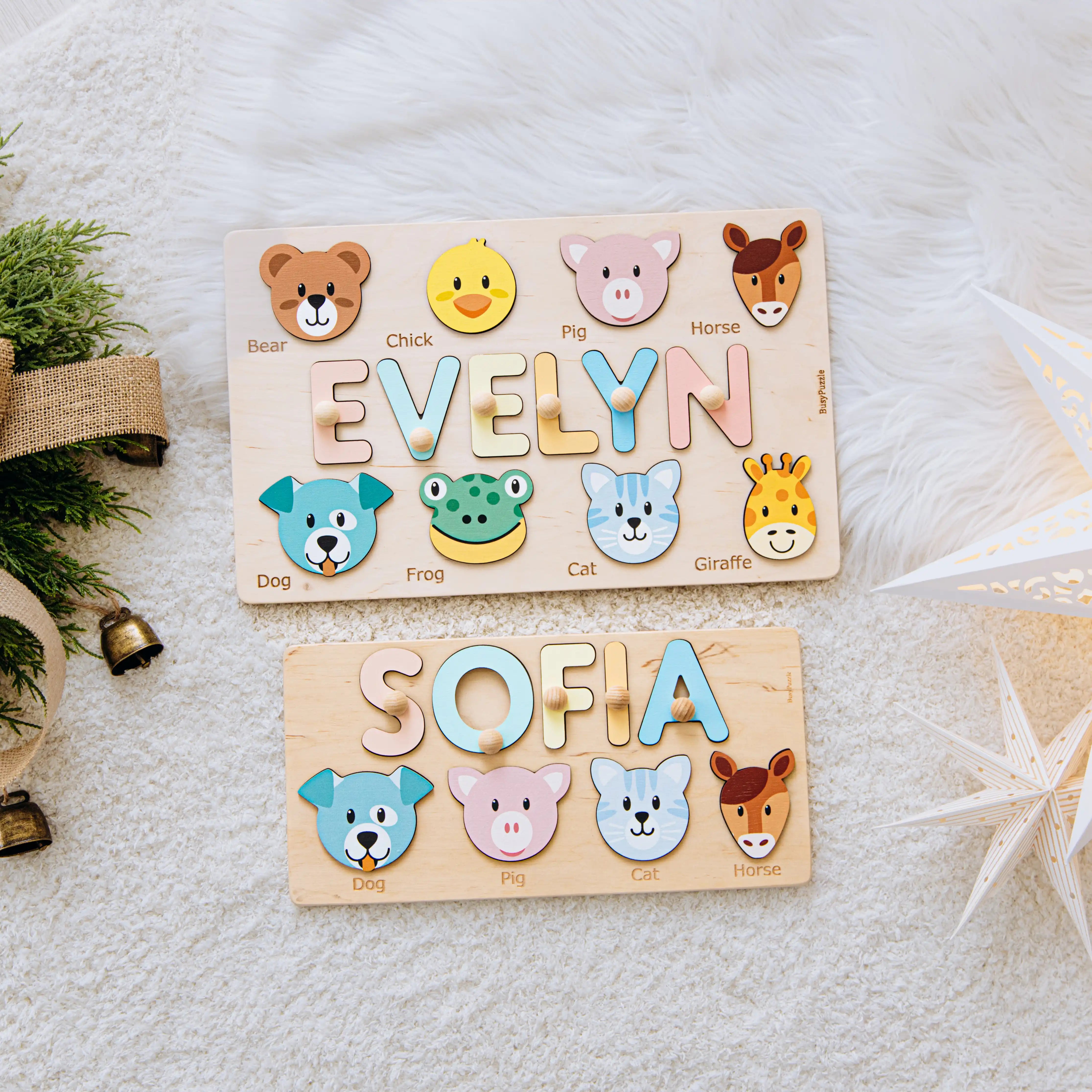 Personalized Wooden Name Puzzle with Animals - Custom Montessori Toddler Gift Wooden Name Puzzles Busypuzzle