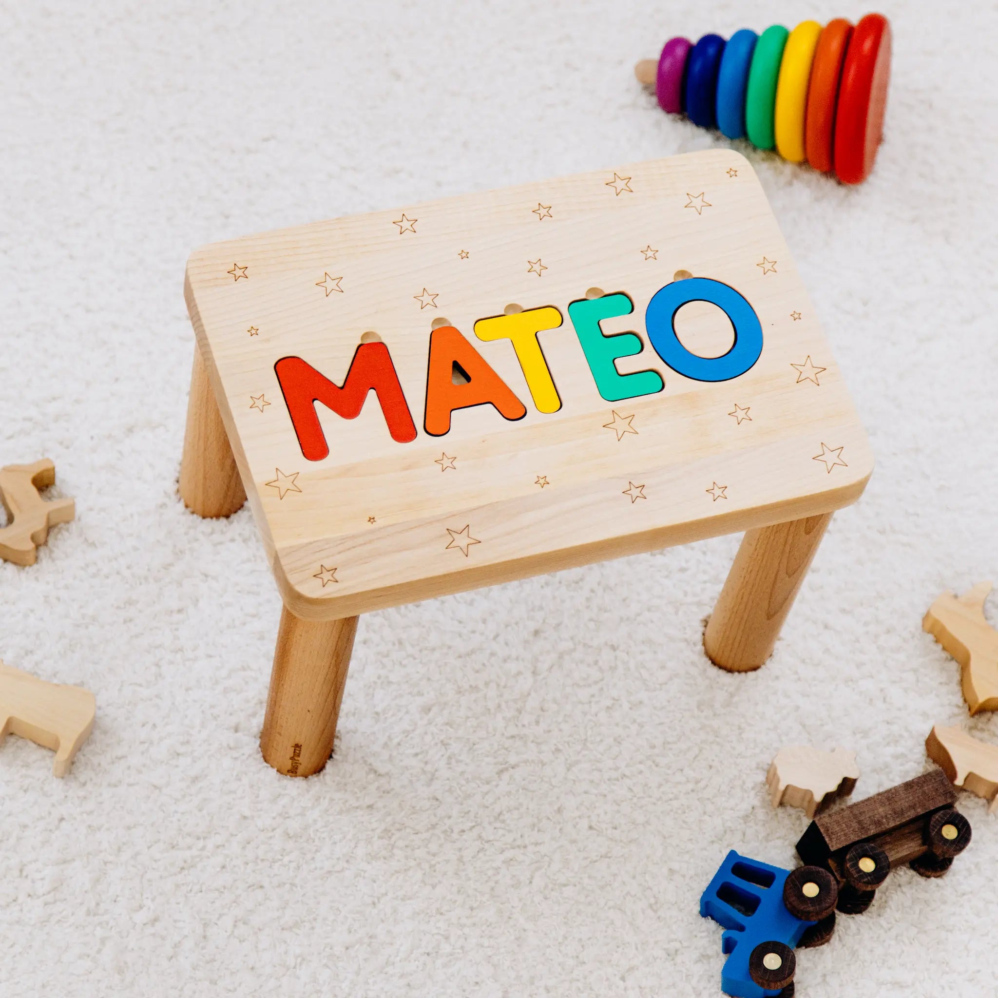 Personalized Rainbow Step Stool - Bright Primary Colors - Montessori Wooden Name Puzzle Personalized Wooden Decor Busypuzzle