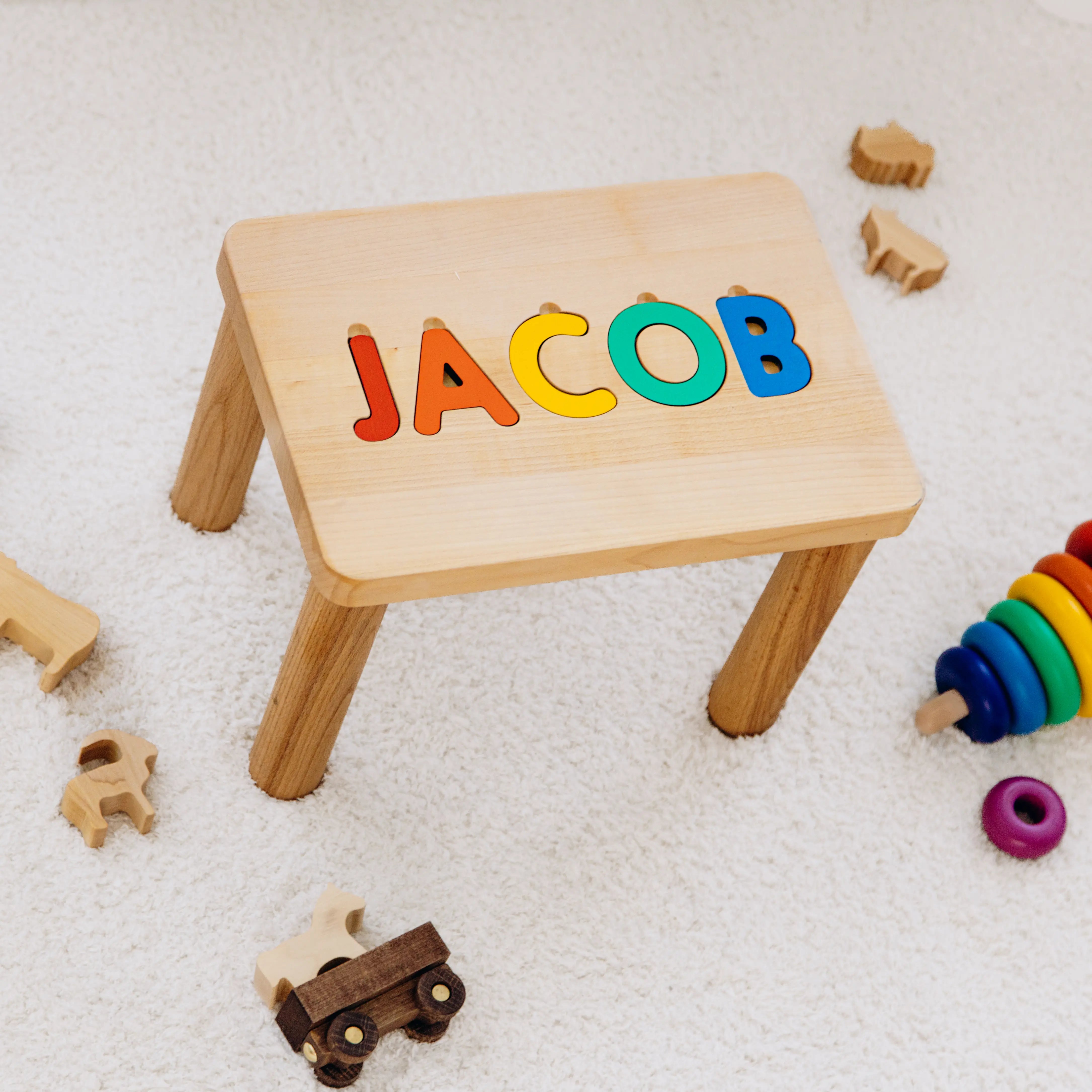Personalized Rainbow Step Stool - Bright Primary Colors - Montessori Wooden Name Puzzle Personalized Wooden Decor Busypuzzle