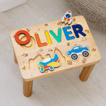 Personalized Rainbow Step Stool - Bright Primary Colors - Montessori Wooden Name Puzzle Personalized Wooden Decor Busypuzzle