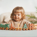 Personalized Wooden Name Train – Khaki & Natural Edition Eco-Friendly Wooden Trains Busypuzzle