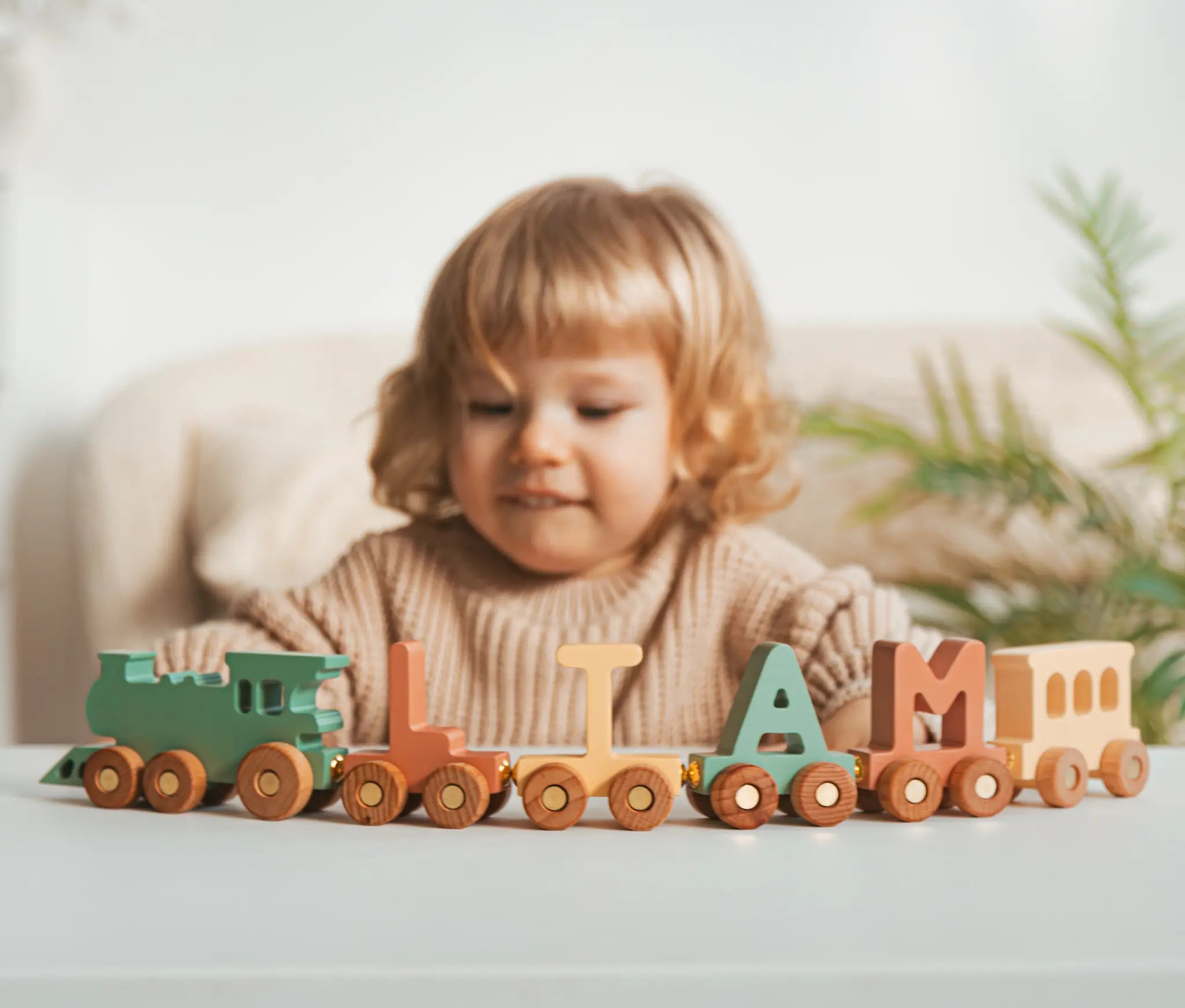 Personalized Wooden Name Train – Khaki & Natural Edition Eco-Friendly Wooden Trains Busypuzzle