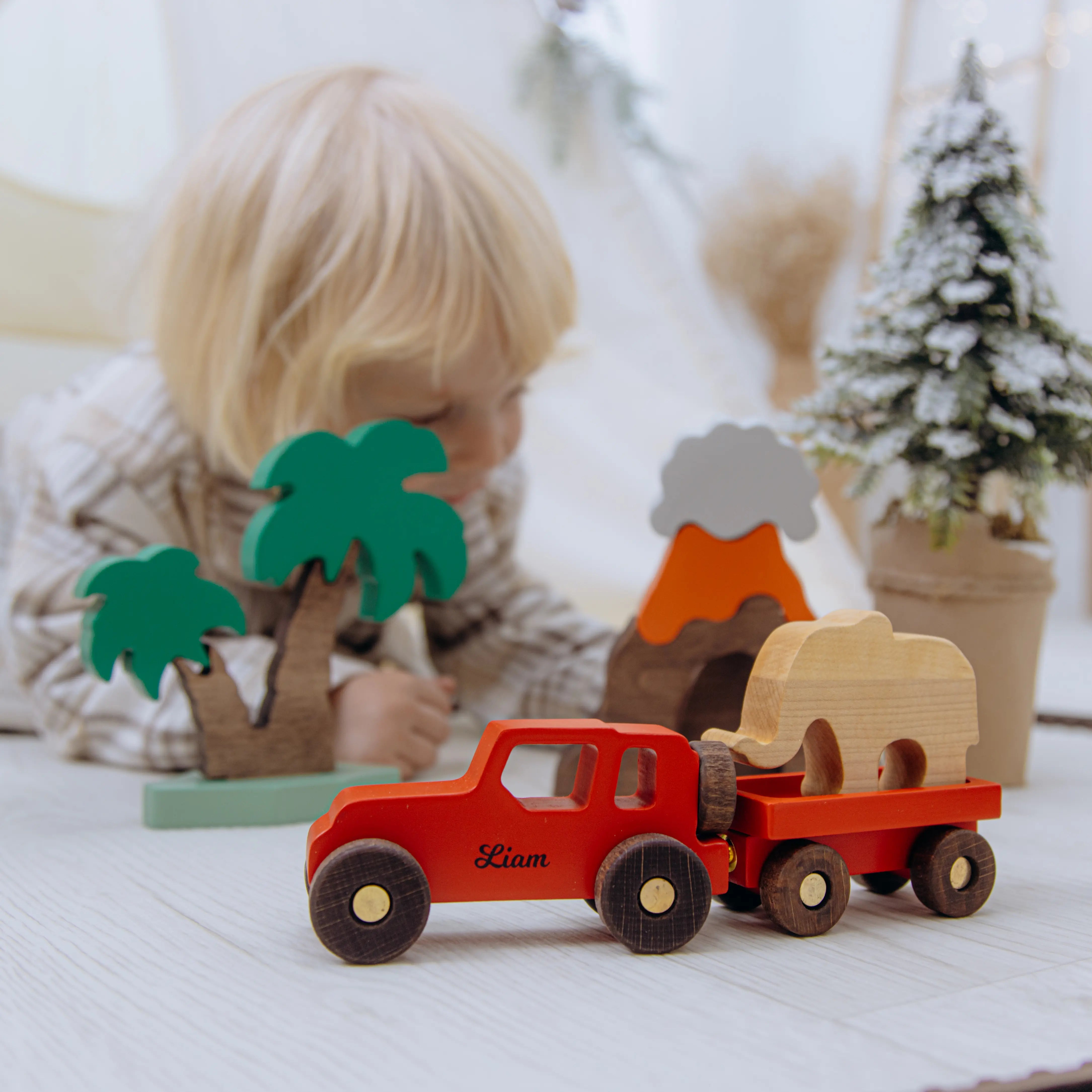 Montessori Wooden Thematic Play Set with Personalized Toy Car Eco-Friendly Wooden Trains Busypuzzle