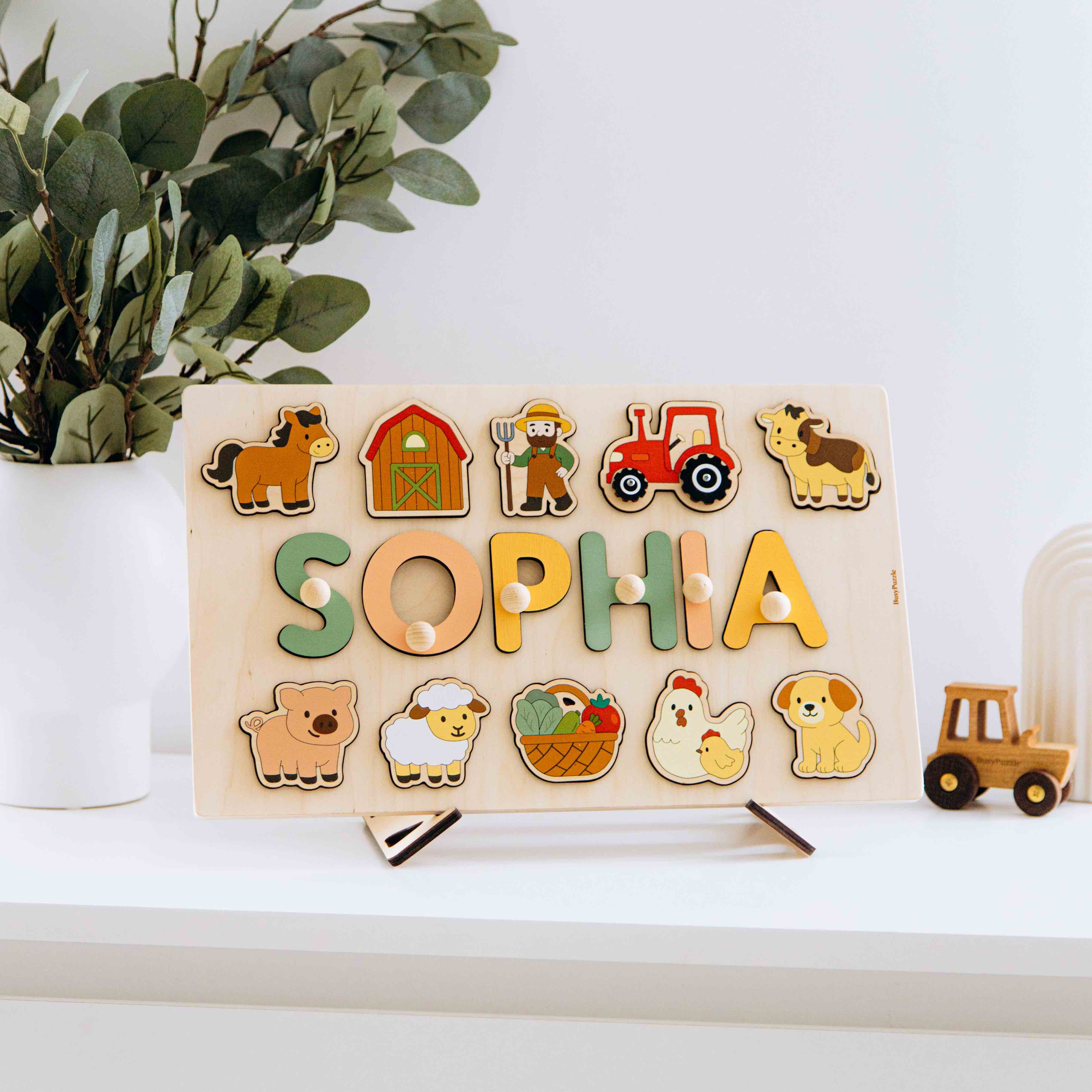 Personalized Farm Name Puzzle with Tractor and Animals – Wooden Montessori Toy for Toddlers and Kids Montessori Toys for Kids Busypuzzle