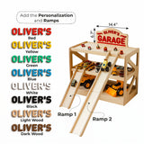 Personalized Wooden Toy Car Garage with Ramps & Storage Shelf