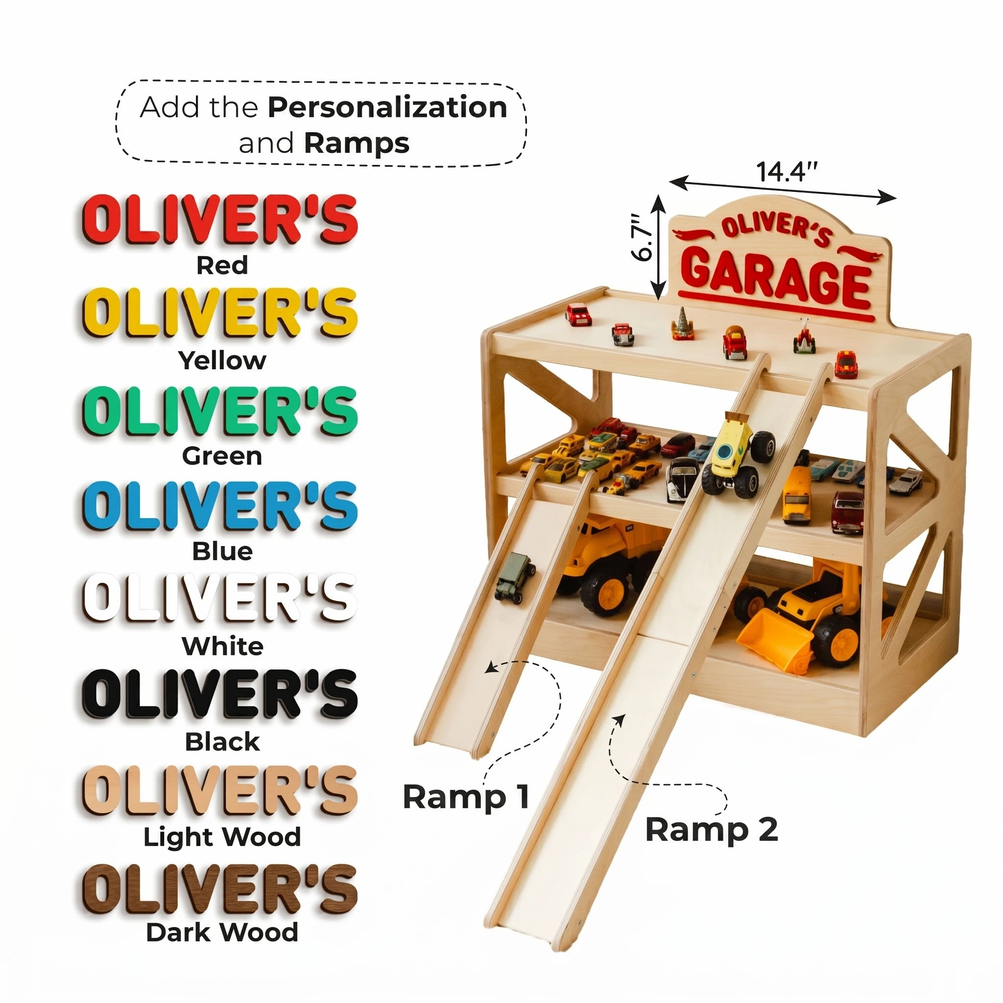 Personalized Wooden Toy Car Garage with Ramps & Storage Shelf Nursery Furniture Busypuzzle