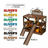Infographic showing name color options and two add-on ramps for a dark wood toy car garage