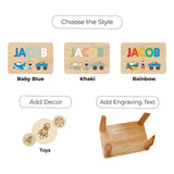 Wooden name puzzle stools customization options with 'JACOB' displayed.