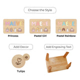 Wooden name puzzle stool customization options with different styles and text additions.