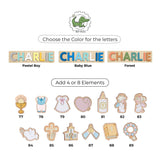 Color selection for christening name board with pastel boy, baby blue, and forest options, accompanied by decorative elements.
