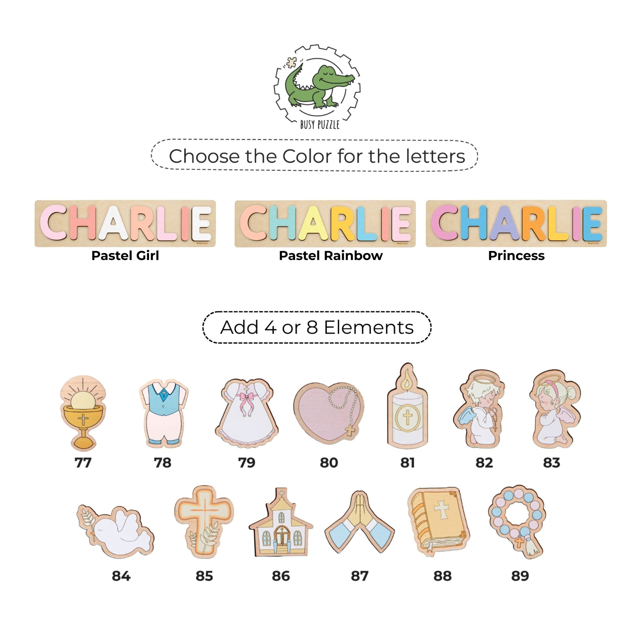 Personalized Baptism Gift for Baby Girl – Custom Wooden Name Puzzle Board with Christian Elements  Busypuzzle