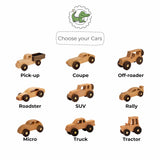 Chart of 9 natural wood toy car models: Pick-up, Coupe, Off-roader, Roadster, SUV, Rally, Micro, Truck and Tractor