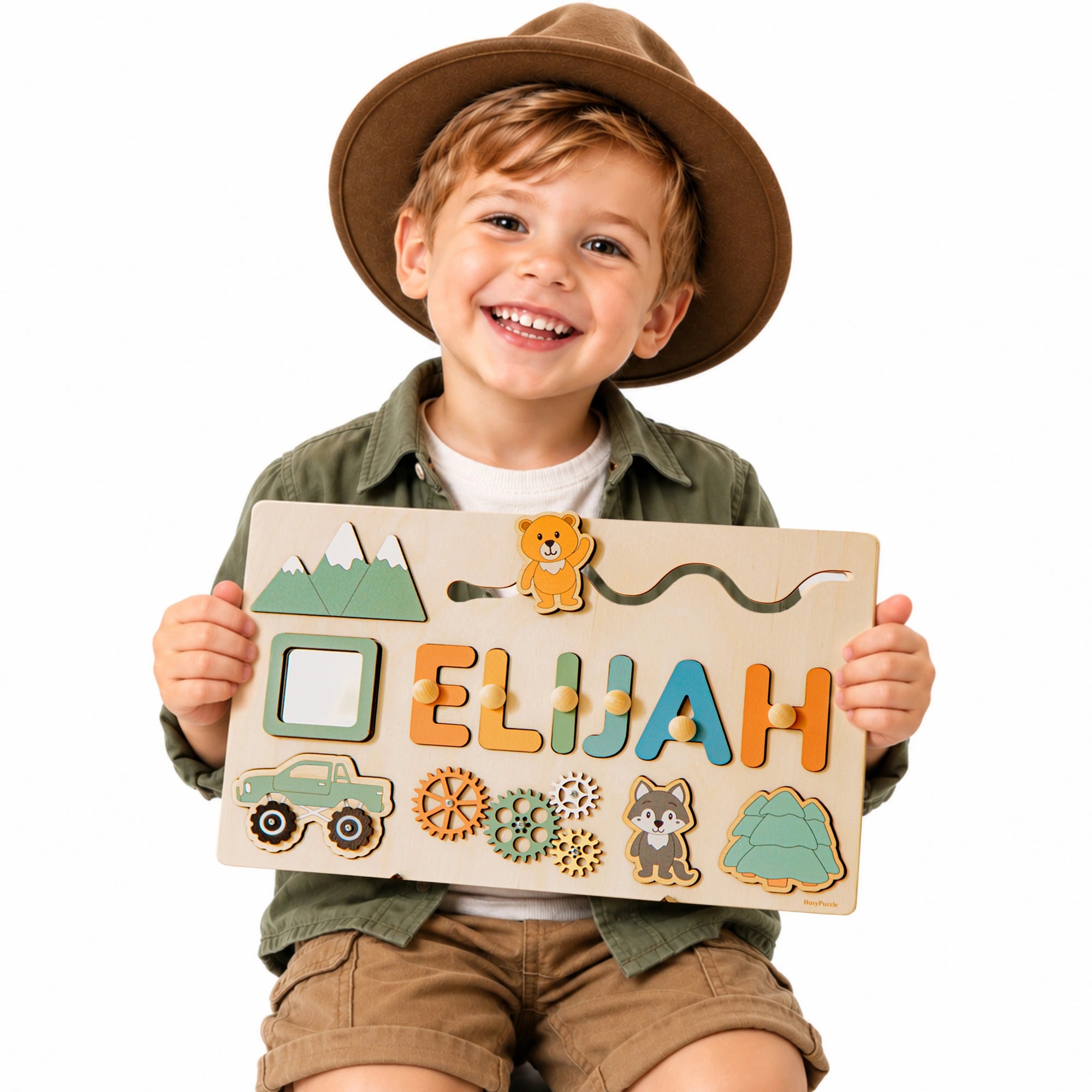 Personalized Name Busy Board for Toddlers – Wooden Montessori Sensory Toy Wooden Busy Boards Busypuzzle