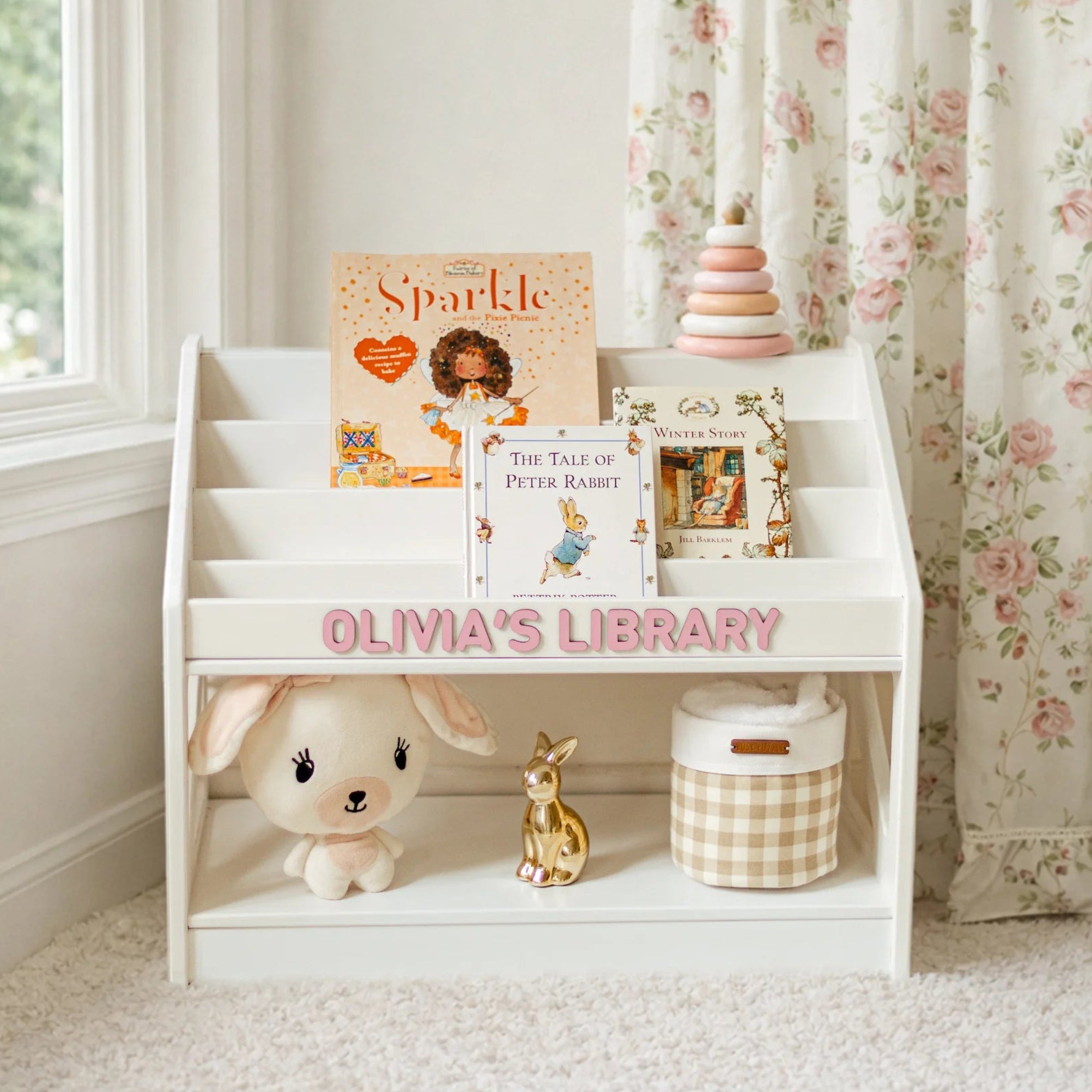 White Wooden Montessori Bookshelf – Custom Kids Book Display Nursery Furniture Busypuzzle