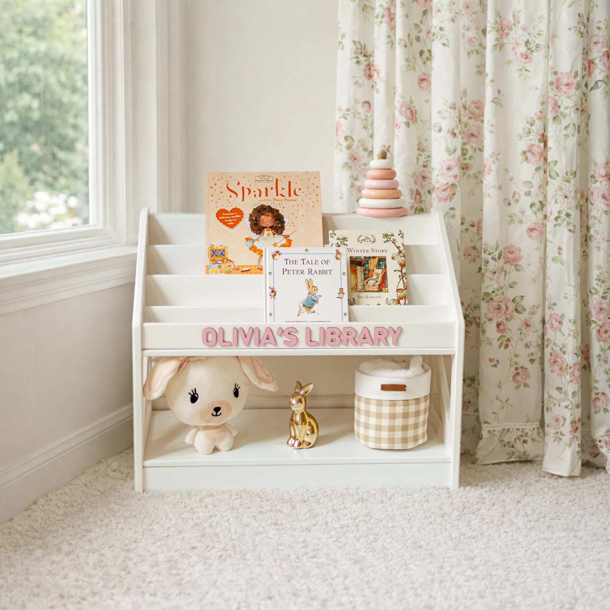 White Wooden Montessori Bookshelf – Custom Kids Book Display Nursery Furniture Busypuzzle