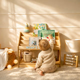 Child playing with a wooden toy shelf in a cozy room