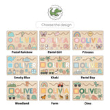Collection of personalized name placemats with various designs on a white background.