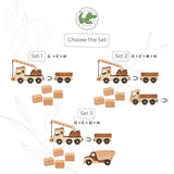 Wooden toy truck set with different configurations on a white background