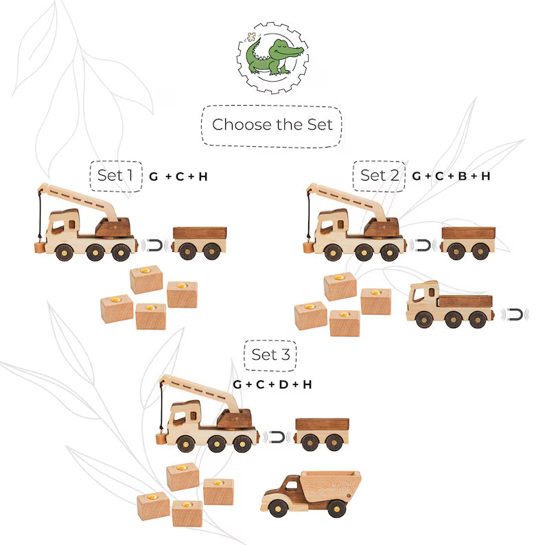 Wooden toy truck set with different configurations on a white background