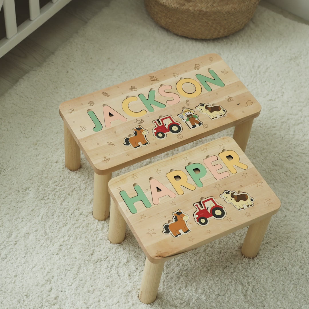 Toddler Step Stool with Name Puzzle – Farm Animal Theme – Montessori Furniture  Busypuzzle
