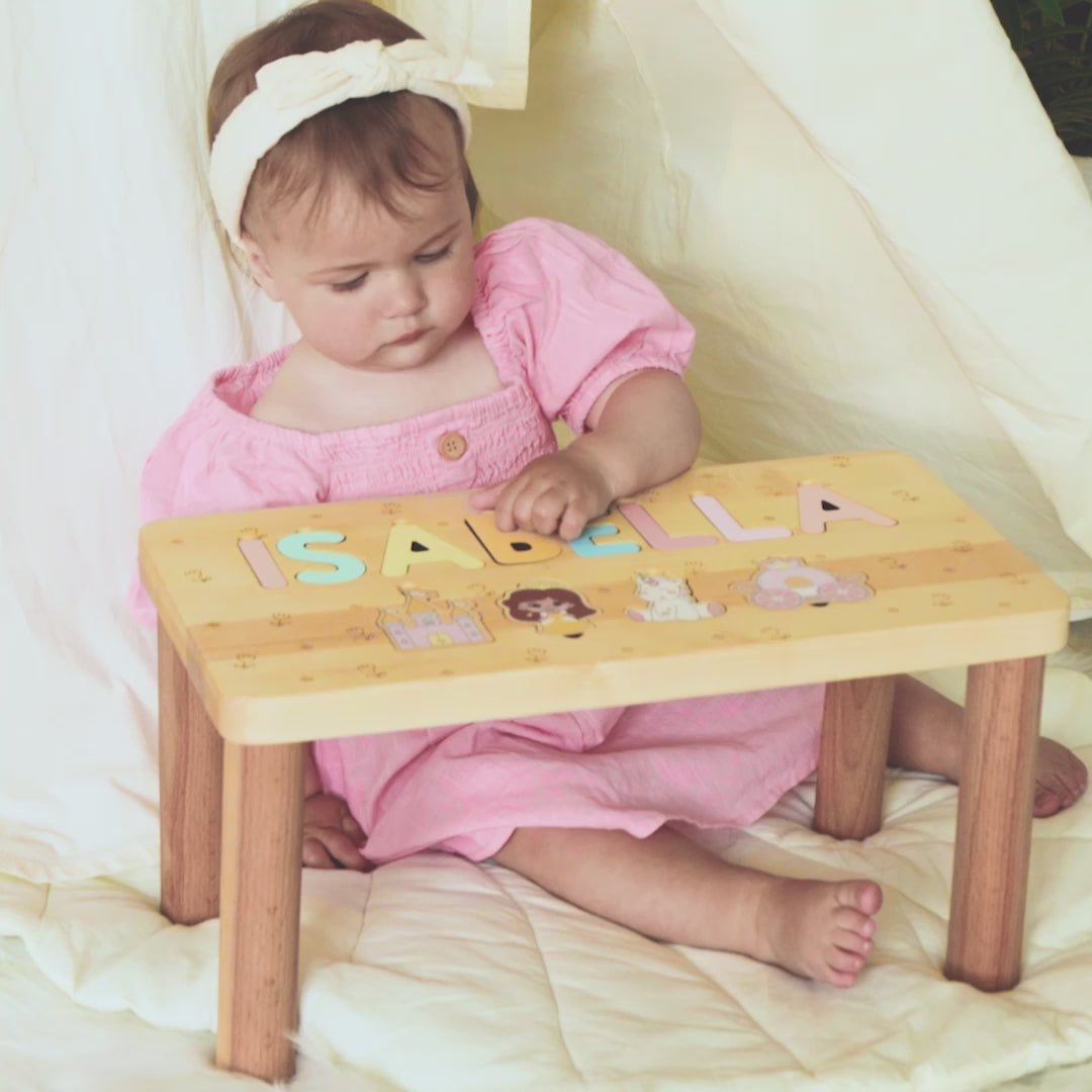 Personalized Wooden Name Puzzle Stool – Montessori Toddler Step Stool Personalized Wooden Decor Busypuzzle