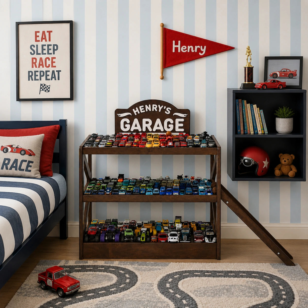Personalized Wooden Toy Car Garage with Ramps & Storage Shelf Nursery Furniture Busypuzzle